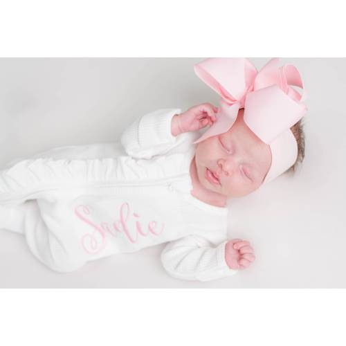 Baby girl coming home outfit, monogrammed footie, ruffle footie white, newborn picture outfit, baby girl clothing, baby shower gift, waffle
