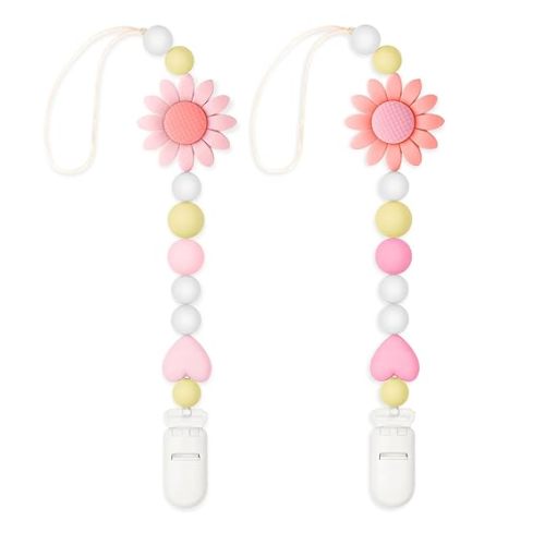 Silicone Pacifier Clip, 2 Pack Pacifier Holder for Boys and Girls, Adorable Sunflower Pacifier Strap Fits for Most Pacifier, Baby Teethers and Toy Straps (Light Pink&Pink)