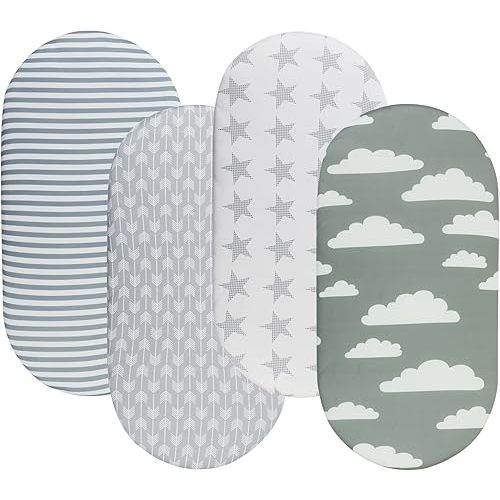 Bassinet Sheets for Baby Boy and Girl, Stretchy Breathable Fitted Sheet Universal for Bassinet Cradle Hourglass Oval Rectangle Pad/Mattress, 4 Pack Stripe Star Cloud and Arrow Printing