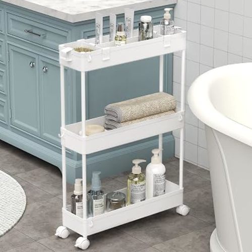 Slim Storage Cart 3 Tier,Bathroom Organizer Rolling Utility, Mobile Shelving Unit Slide Out for Office, Kitchen, Laundry Room & Narrow Places,White