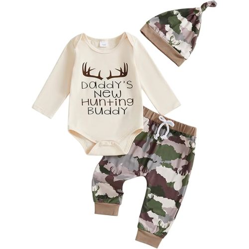Newborn Baby Boy Hunting Clothes Long Sleeve Romper Camouflage Pant Set Beanie Hat 3 Piece Outfit
