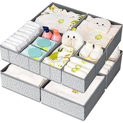 Drawer Organizer Clothes - 12 Pack Dresser Organizer for Nursery, Foldable Sock Underwear Organizer, Baby Drawer Organizer, Small Fabric Storage Bins for Dresser Drawer Closet, Grey