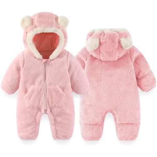 Newborn Baby Bear Outfit Suit With Fold-Over Mittens Footies Girls Boys Winter Fleece Clothes Hooded Romper Snowsuit