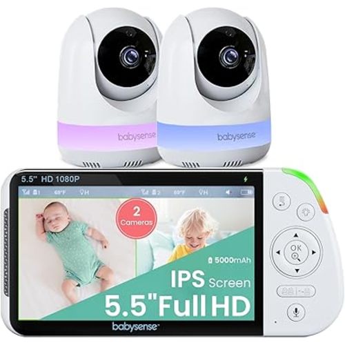 Babysense 5.5” 1080p Full HD Split-Screen Baby Monitor, Video Baby Monitor with 2 Cameras and Audio, 6-Color RGB Night Light, 1000ft Range, Two-Way Audio, 4X Zoom, 5000mAh Battery