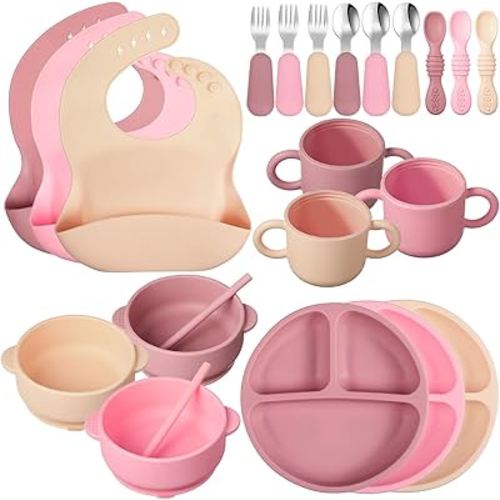 24 Pack Silicone Baby Feeding Set Baby Led Weaning Supplies Includes Suction Divided Plates Soft Bowl Spoons Forks Adjustable Bib Snack Cup and Straws for Baby Eating (Pink, Dark Pink, Nude)