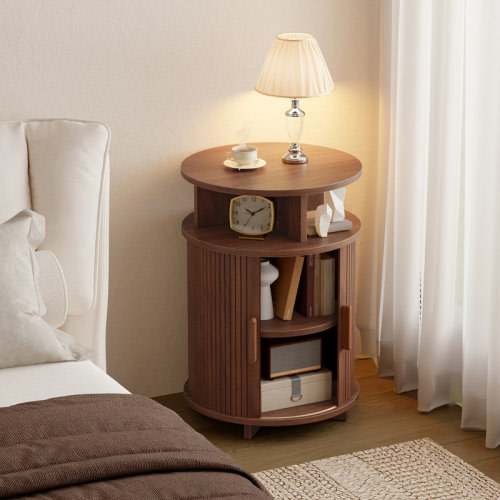 Wrought Studio™ 15.7" Round Fluted End Tables With Charging Station And Sliding Tambour Door | Wayfair