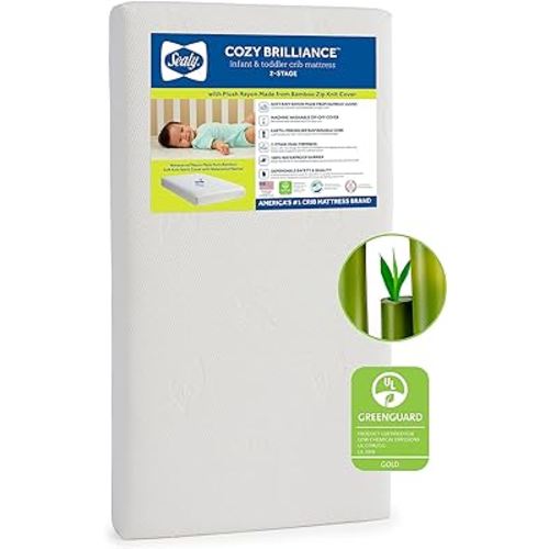 Sealy Cozy Brilliance Breathable Bamboo Rayon Hypoallergenic Baby Crib Mattress & Toddler Bed Mattress, 2-Stage Firm, Non-Toxic, Washable Zip Cover, Waterproof Baby Mattress, Made in USA, 52” x 28