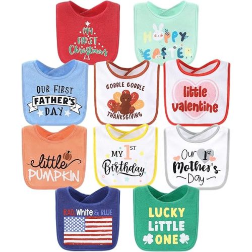 The Peanutshell Baby Boy or Girl Terry Bibs Set of 10-100% Cotton, Soft, Absorbent Baby Bibs, Unisex Toddler Boy or Girl Set, Newborn & Infant - Holiday