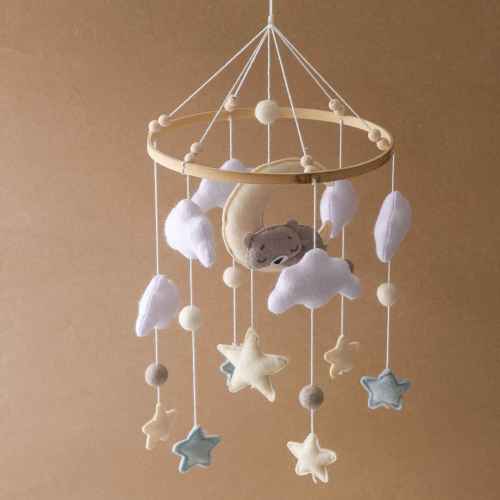 Handmade Baby Mobile with Sleeping Bear, Clouds & Stars | Neutral Felt Nursery Decoration for Crib