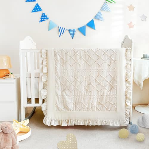 Wowelife 3 Pieces Crib Bedding Set for Girls, Mini Tufted Jacquard Ruffle Fringe Boho Baby Bedding Set Newborn, Infant & Nursery with Comforter, Crib Fitted Sheet and Crib Skirt, Beige