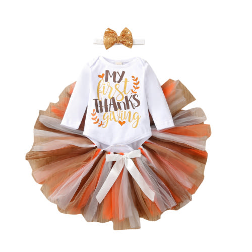 Baby Girls My First Thanksgiving Outfits 3M 6M 12M 18M Long Sleeve Romper Bodysuit Tulle Tutu Skirt Set Party Cosplay Dress