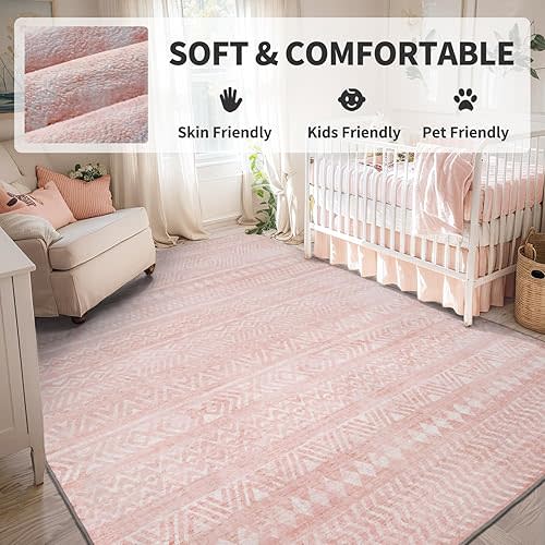 Pink Boho 5x7 Area Rugs for Nursery Playroom Soft Rugs for Living Room Bedroom Dining Room Washable Non Slip Cozy Neutral Rug for Kids Baby Girl Princess Toddler