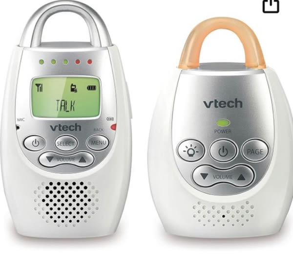 VTech Communications DM221 Audio Baby Monitor with up to 1,000 ft of Range, Vibrating Sound-Alert, Talk Back Intercom & Night Light Loop, White/Silver