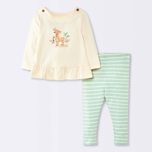 Baby Girls' 2pc Deer Ruffle Long Sleeve T-Shirt and Striped Leggings Set - Cloud Island™ Mint Green/Cream 3-6M