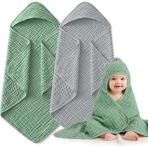 Muslin Hooded Baby Towels 2 Pack, 100% Cotton Baby Bath Towels for Newborn