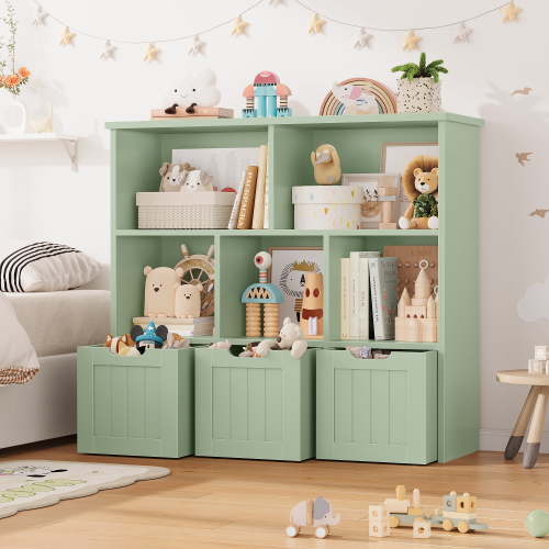 Homfa Toy Storage Organizer with 3 Movable Drawers, 5 Cube Kids Bookcase for Playroom, Storage Cabinet for Living Room, Green Finish