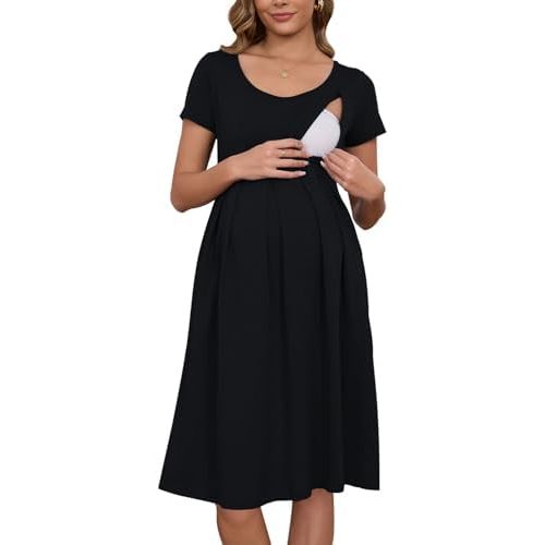 Ecavus Women's Nursing Dress Short Sleeve Hidden Zipper Maternity Breastfeeding Dress with Pockets
