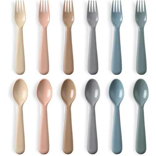 12 Pieces Toddler Utensils Set, Plastic Spoons and Forks Set for Kids, Children Safe Flatware, Plastic Reusable Cutlery, BPA Free, Dishwasher Safe - Neutral