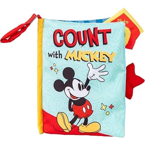 Let's Count Soft Book - Disney Baby Mickey Mouse Count with Mickey on The Go Clip for Stroller and Car Seat Crinkle Soft Sensory Book for Babies, 7x5.25 Inch