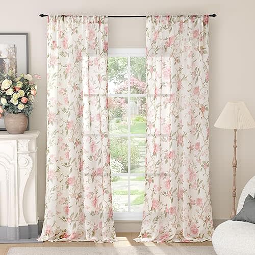 Floral Sheer Curtains for Girls Bedroom, Vintage Farmhouse Light Filtering Privacy Semi-Sheer Linen Curtains for Kids Nursery 96 Inches Long 2 Panels, Rod Pocket, Pink, Each 52 Inch Wide
