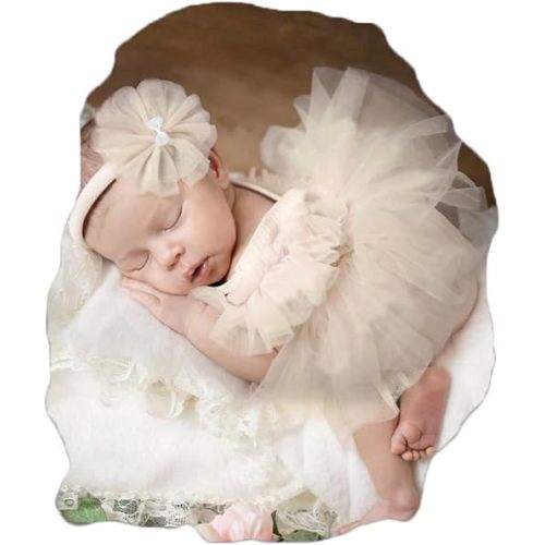 Ylsteed Newborn photography Outfits Girl Newborn Photography Props Lace Romper with Tulle Skirt and Handmade Headband Newborn Infant Photo shoot Outfits Girls Photo Props, Beige