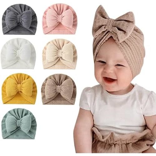 7PCS Baby Turban Hats, Baby Girl Newborn Beanie Bonnet with Big Hair Bow Infant Toddler Baby Hospital Baby Hat
