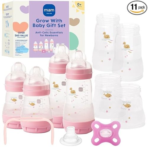 MAM Grow With Baby Anti-Colic Bottle Set – 4 Easy Start Bottles (5oz & 9oz) with Trainer Handles & Spout, Comfort Newborn Pacifier, Extra Bottle Bodies & Nipples | Self-Sterilizing Baby Feeding System