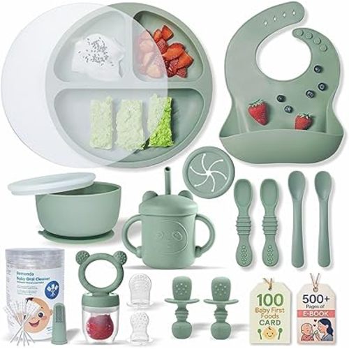 BPA-Free Silicone Baby Feeding Set | Extra Large Suction Plates, Toddler Bowls, Self Feeding Spoons, and More | Dishwasher Safe| Baby Led Weaning Supplies (Forest Green)