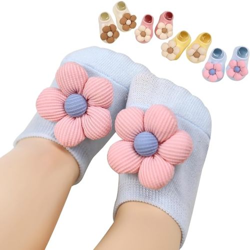 4Packs Baby Girls Socks,Flower Non-Slip Grips for Babies Toddler Princess Low Cut Ankle Socks for Girls