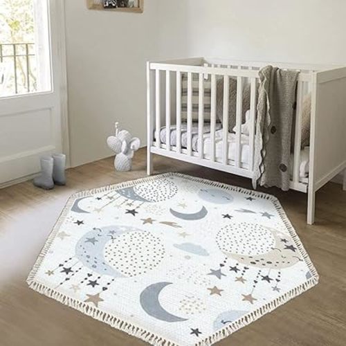 Hexagon Boho Rug Cute Moon Stars Clouds Kids Trendy Chic Washable Area Rug Hallway Runner Rug Minimalist Meditation Mat for Living Room Bedroom Entryway Nursery Classroom Kids Play Castle