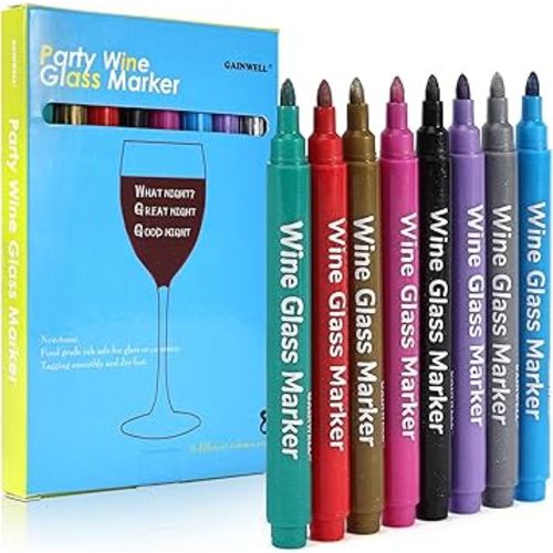 Metallic Wine Glass Markers – Pack of 8 Food-Safe Non-Toxic Wine Glass Marker Pens - Can also be Used on Ceramic Plates and other Glass and Dinnerware