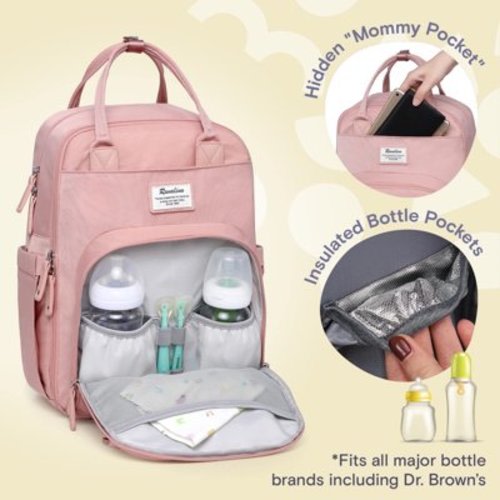 RUVALINO Baby Diaper Bag Backpack, Multifunctional Diaper Bags for Girls and Boys, Pink Baby Bag