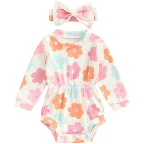 Karwuiio Newborn Baby Girl Fall Outfits Long Sleeve Ribbed Knit Jumpsuit Romper with Headband Infant Clothes Sets