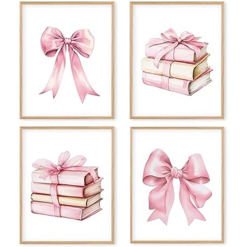 Boat Wades Coquette Pink Bow Unframed Wall Art Prints - Book Lover Reading Posters for Room Decor - Preppy Home Bedroom Classroom Library Wall Decor 8x10 Set of 4
