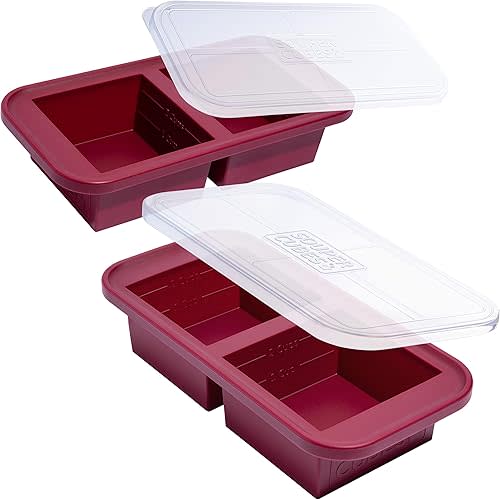 Souper Cubes 2 Cup Silicone Freezer Molds With Lids - Easy Meal Prep Container - Silicone Freezer Trays With Lid for Food, Stocks and More, Silicone Soup Freezer Molds - Cranberry - 2-Pack
