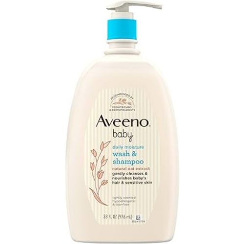 Aveeno Baby Daily Moisture Body Wash & Shampoo with Oat Extract, Hypoallergenic, Tear-Free, No Added Parabens, pH-Balanced Formula For Sensitive Hair & Skin, Baby Essentials, 33 fl oz
