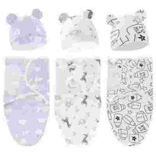 Baby Swaddle Sleep Sack with Hat, Soft Cotton Newborn Wearable Swaddle Wrap, for 0-3 months Girls Boys, 3-Pack