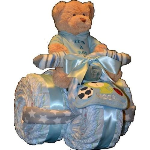 Tricycle Diaper Cake - Baby Boy & Girl - Large - Blue Tricycle with Bear