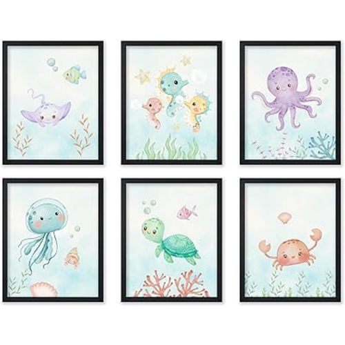 Poster Master 6-Piece Sea Animals Poster - Aquatic Print - Pastel Color Art - Marine Life Art - Gift for Boys, Girls & Parents - Decor for Playroom, Kid's Room or Nursery - 8x10 UNFRAMED Wall Art