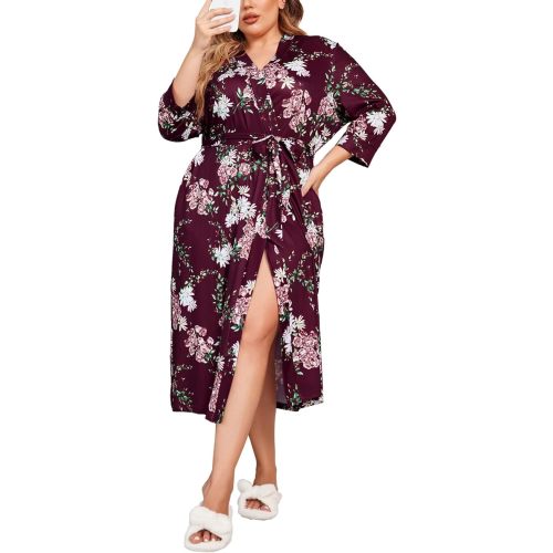 IN'VOLAND Womens Plus Size Kimono Robes Long Knit Bathrobe V Neck Ladies Loungewear Lightweight Soft Sleepwear 1X-5X