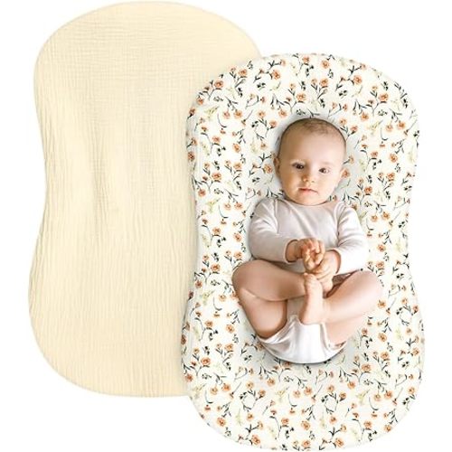 DILIMI Muslin Baby Lounger Covers, 2 Pack Newborn Lounger Cover, Soft Comfortable Removable Infant Pillow Slipcover for Girl and Boy, Yellow Flower (Lounger not Included)