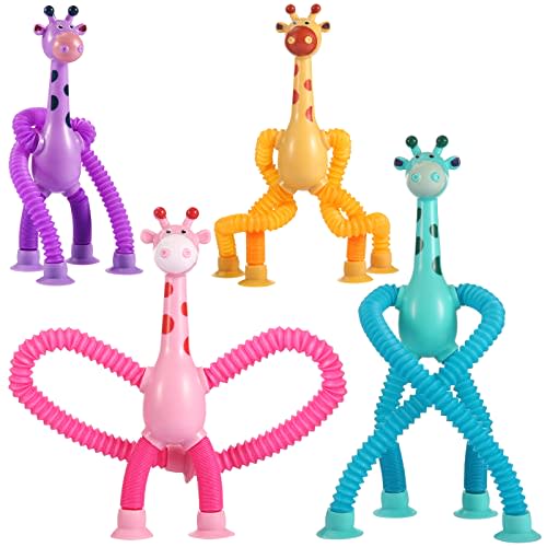 XONTEUS 4Pcs Giraffe Pop Tube Sensory Toys, Telescopic Suction Fidget Toys for Autism, Toddler Travel & Airplane Activities, 2025 Boy & Girl Christmas Stocking Stuffers Gift Idea