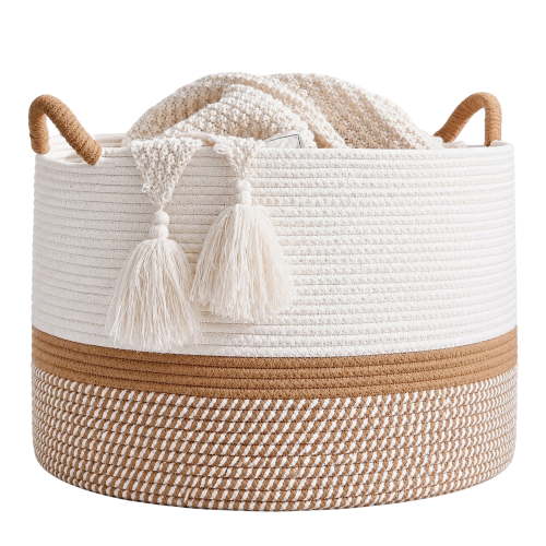 Domaci Large Cotton Rope Basket, Woven Laundry Hamper with Handles for Organizing Blankets, Clothes, Towels and Pillows, 16" x 14"