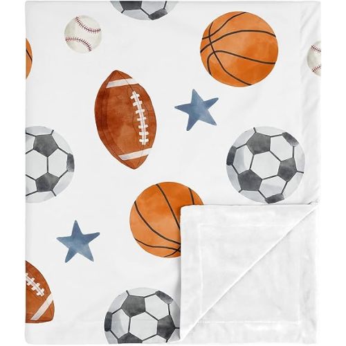 Sweet Jojo Designs Sports Theme Boy Soft Baby Blanket Receiving Security Stroller Swaddle Toddler Newborn Infant Kid Travel Warm Minky Watercolor Vintage Soccer Balls Football Baseball Basketball Star