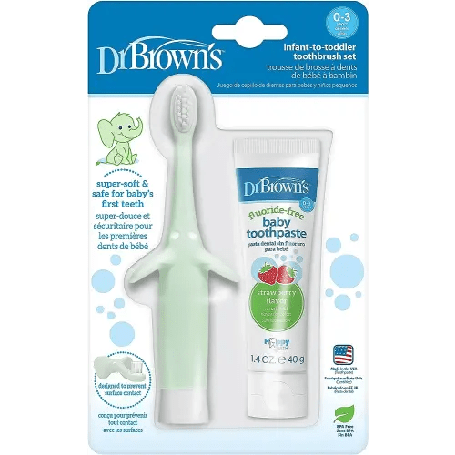 Dr. Brown's Infant-to-Toddler Training Toothbrush Set, Mint Elephant with Fluoride-Free Strawberry Baby Toothpaste, 0-3 Years