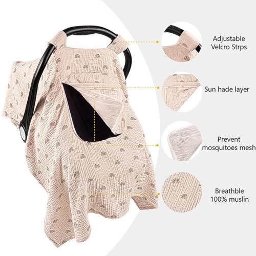 Car Seat Cover Baby, 100% Muslin Baby Car Seat Cover, 3 in 1 Carseat Sover, Carseat Cover for Baby Easy to Get in & Out - beige