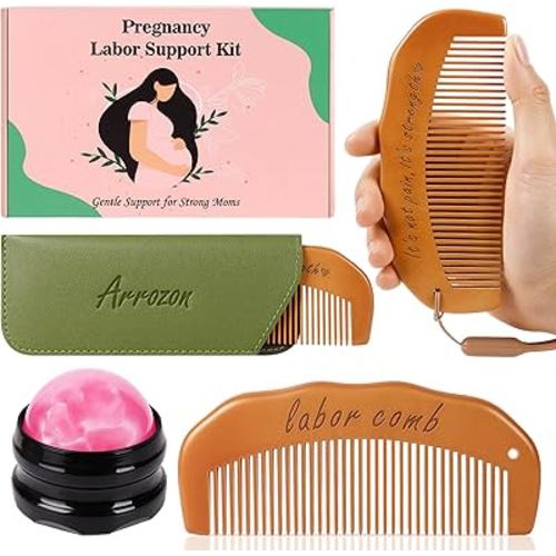 Arrozon 2 Pcs Labor Comb & Massage Roller Ball Kit, Birthing Pregnancy and Hospital Bag Must Haves, PostPartum Home Delivery Essentials, Wooden Birth Comb Pain Relief Baby Shower Gifts for Mom