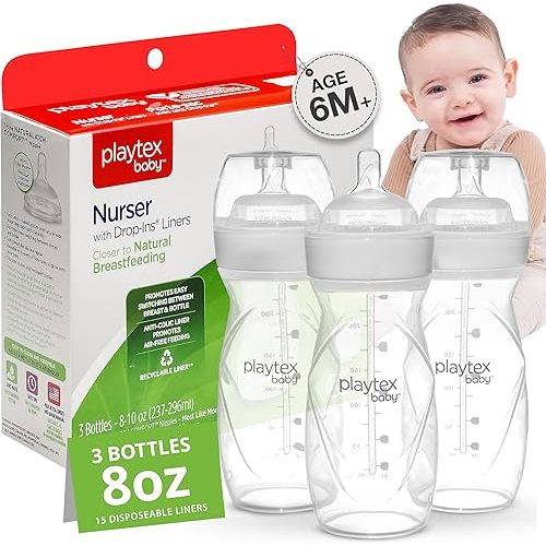 Playtex Baby Anti-Colic, Reduce Gas, Air Free Nurser Bottle with Pre-Sterilized Disposable Drop-Ins Liners, Closer to Breastfeeding, 8 Oz Bottles, 3 Count