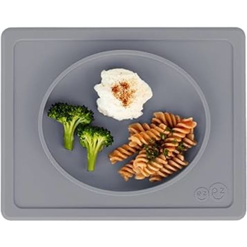 ezpz Tiny Plate - 6 Months+ (Gray) - Silicone Suction Plate for Baby with Built-in Placemat - Baby Led Weaning Supplies - Infant Plate That Fits on Most Highchair Trays
