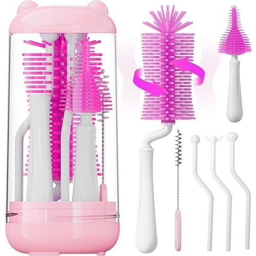 Bottle Brush Set with Drying Rack,Travel Bottle Cleaner Kit with Baby Bottle Brush,Straw Cleaner Brush,Nipple Brush-Baby Travel Essentials for Flying (Purple, Cylindrical)